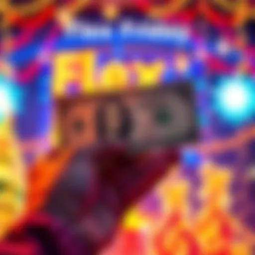 A person holding a five-dollar bill with a bright and festive background celebrating Flex Friday.