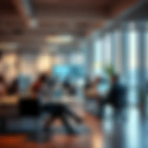 A modern office space with people collaborating and using laptops, showcasing a flexible work setup.