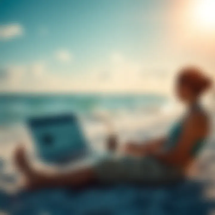 Florida beach with a laptop A person sitting on a beach in Florida, using a laptop to check their account status while looking relaxed under the sun.