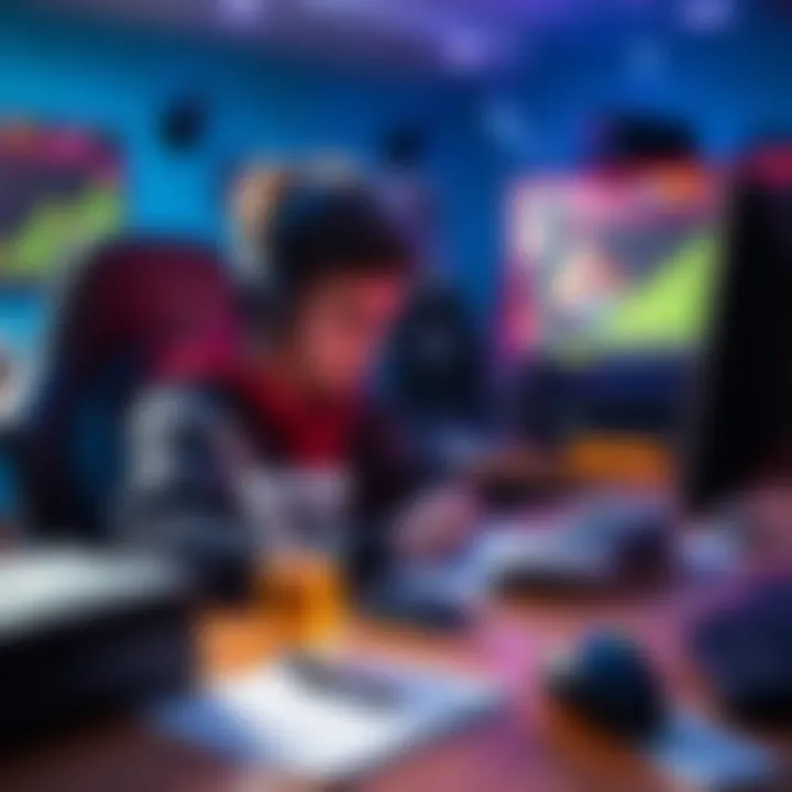 A gamer sitting at a desk, concentrating on a video game, with notes and a drink beside them to aid focus.