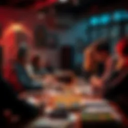 A group of players engaged in a focused learning session, discussing strategies and sharing notes at a table covered with game materials and laptops.