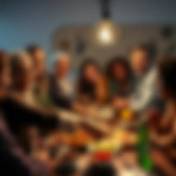 A group of diverse people gathered around a table, happily sharing and enjoying food, emphasizing community and food sharing.