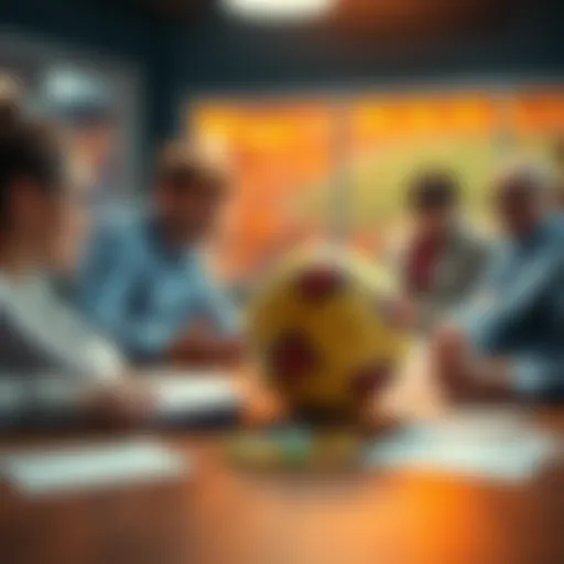 People discussing football betting strategies with a football and betting slips on the table