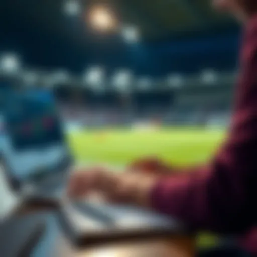 A person analyzing football statistics and making betting choices on a laptop, with a notebook beside them