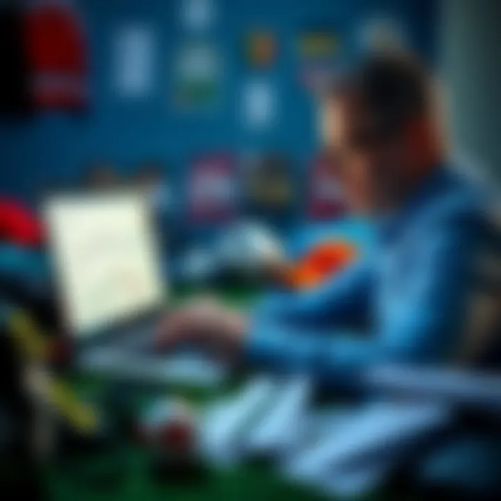 Football Betting Strategy A person analyzing football match statistics on a laptop while surrounded by football gear and betting slips.