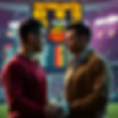 Two people discussing football betting tips with a scoreboard in the background