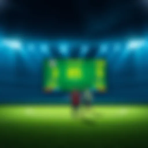 A football field showing a scoreboard with halftime results and betting tips around it