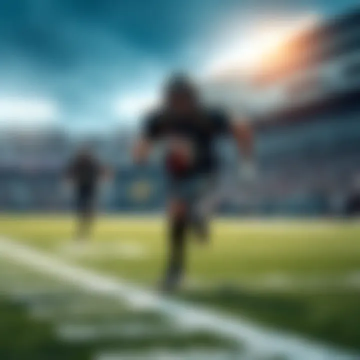 A football player running with the ball towards the end zone while another player is in pursuit.