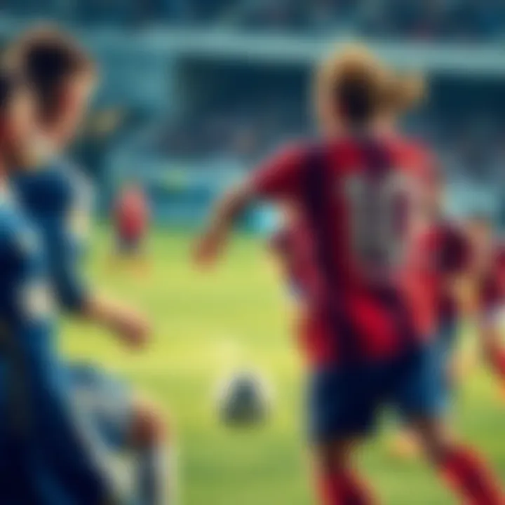 A group of players competing on the field during a football match, showing intense moments and teamwork.