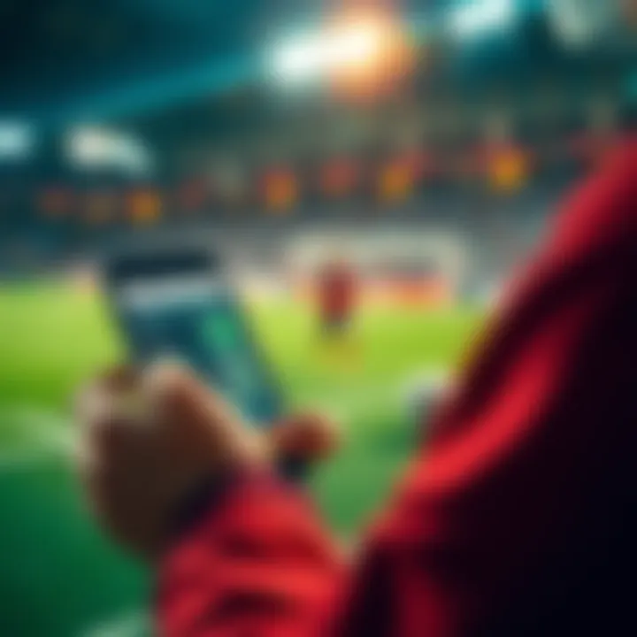 Football betting concept A person analyzing football match scores and placing a bet on a mobile device with betting odds displayed