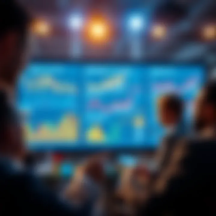 People discussing football betting tips with charts and graphs on a screen