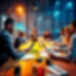 Football Betting Discussion People discussing football betting strategies and tips at a table with papers and laptops