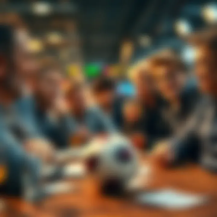 A group of fans discussing football betting strategies over drinks, with a football and betting slips on the table.