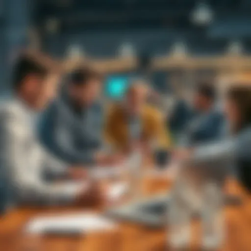 A group of people discussing football betting strategies with notebooks and laptops at a table.