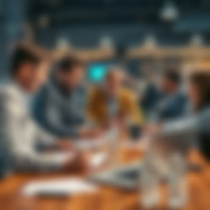 A group of people discussing football betting strategies with notebooks and laptops at a table.