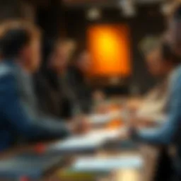 A group of people discussing football betting strategies with tips and notes on a table