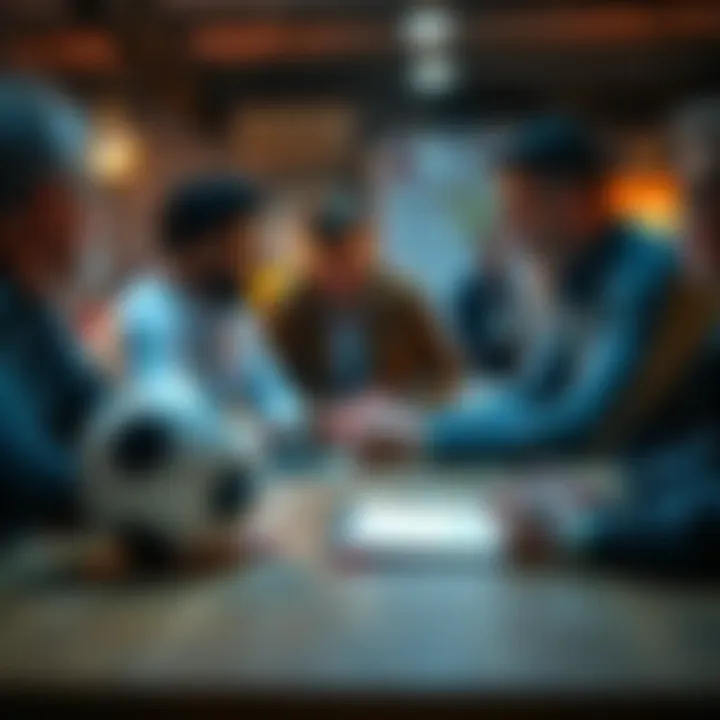 People discussing football betting tips with a football and a notepad on a table.