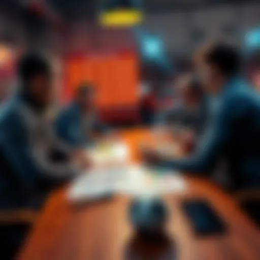 A group of people discussing football betting strategies with charts and notes on a table