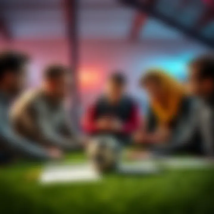 A group of people discussing football betting strategies and tips, with a football and notes on the table.