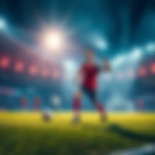 A football field with players in action, showcasing intense gameplay and excitement around sports betting. Bright lights and cheering fans create a thrilling atmosphere.
