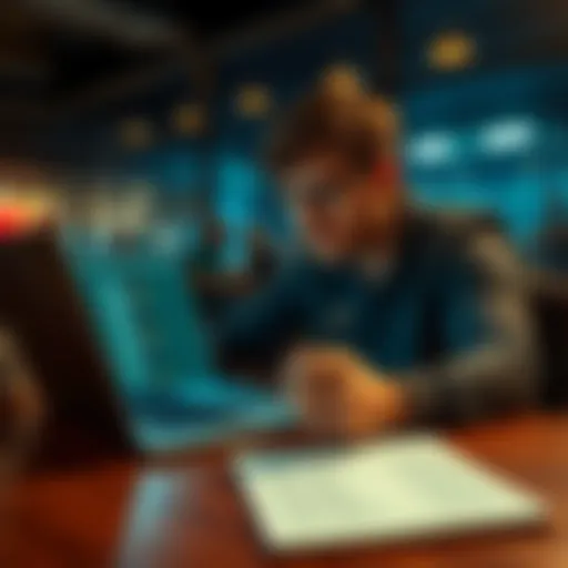 A man sits at a table, focused on a laptop with betting odds displayed. He has a notepad with football team names and amounts written down, symbolizing his betting journey during the World Cup.