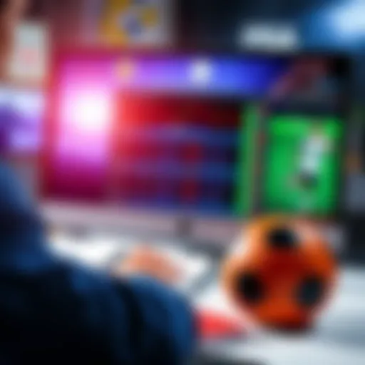 A person analyzing football betting odds and statistics on a computer screen with a football and notebook nearby