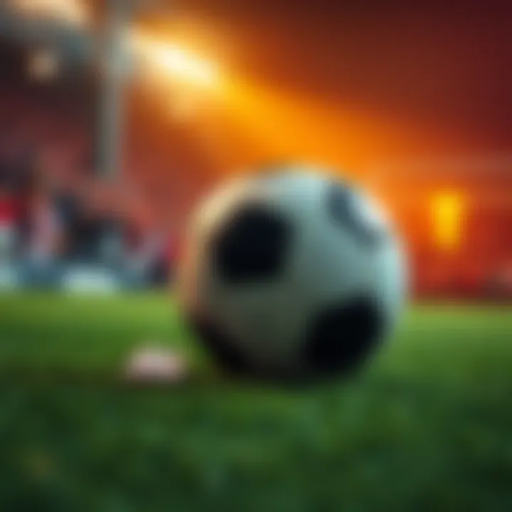 View of a soccer ball on a field with betting slips and a cheering crowd in the background