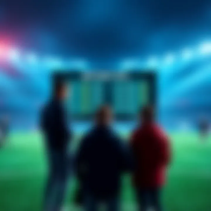 A football field with betting odds displayed on a screen, showing people discussing their betting strategies.