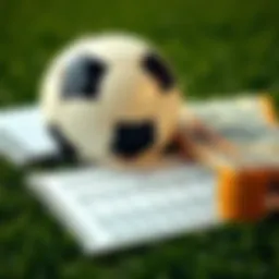 A close-up of a soccer ball on a betting slip with cash and a notebook in the background, symbolizing betting strategies.