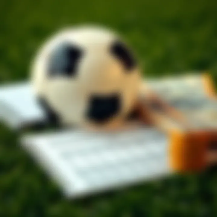 A close-up of a soccer ball on a betting slip with cash and a notebook in the background, symbolizing betting strategies.