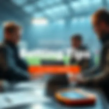 A group of people discussing football betting strategies with a laptop and notes on a table