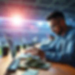 Football betting tips A person analyzing football match betting options with a laptop and money on the table