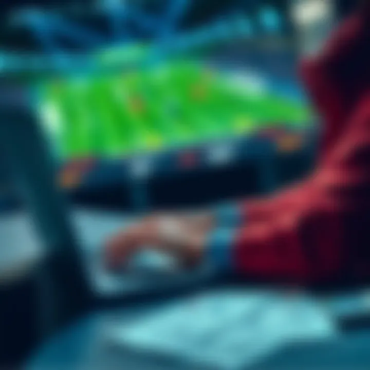 A person analyzing football stats and odds on a laptop with betting slips nearby