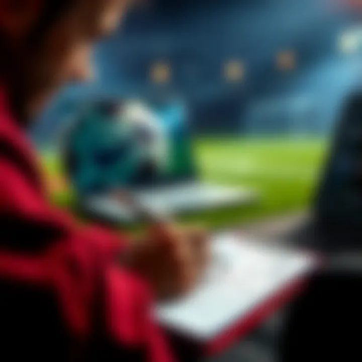 Football Betting Tips A person reviewing football betting picks on a notepad with a laptop and a football in the background.