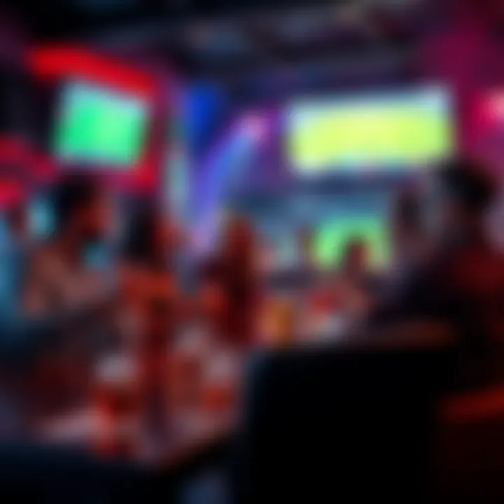 A group of people discussing football betting tips at a sports bar, with drinks and screens showing live games.