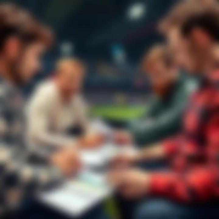 Group of people discussing football betting strategies and tips with charts and notes