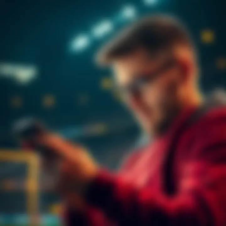 Football Betting Warning A man looks distressed while checking his betting app during a football match, reflecting on his losses.