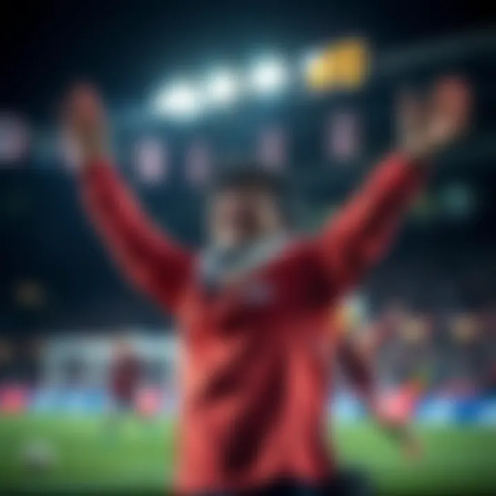 A fan celebrates a surprising betting win during a Japanese football match after a last-minute goal.