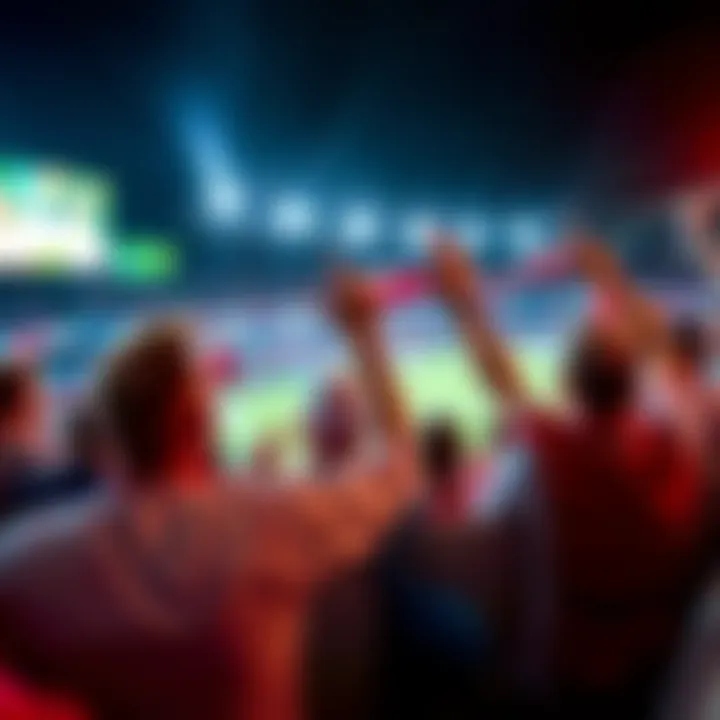 Excited fans watching a football match A group of enthusiastic football fans cheering while watching a game on a big screen, showing their team colors.