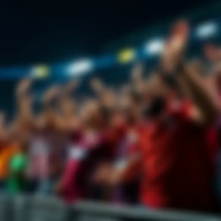Group of enthusiastic football fans wearing team colors and cheering in the stands
