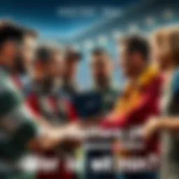 A group of passionate football fans talking together, sharing their thoughts about the game, wearing team jerseys and scarves.