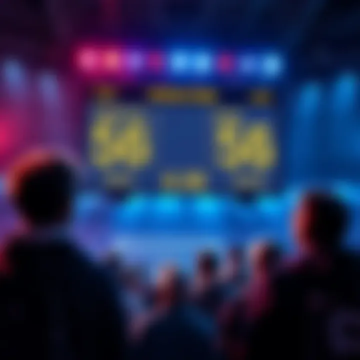 Football Game Predictions A scoreboard displaying predicted low points for a football game, with fans looking concerned about the outcome.