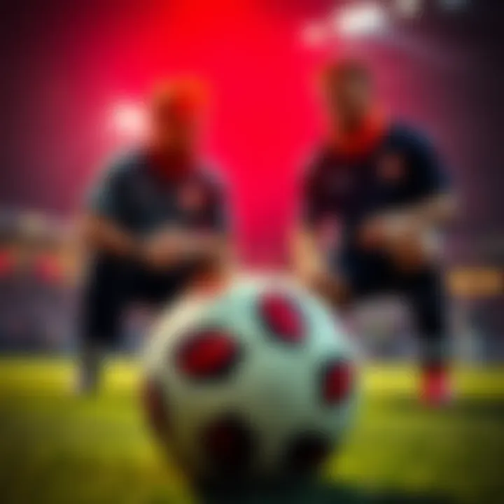 Two football players discussing strategies for a night game, with a football in the foreground