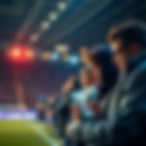 A football match in progress with fans looking at betting odds on their phones