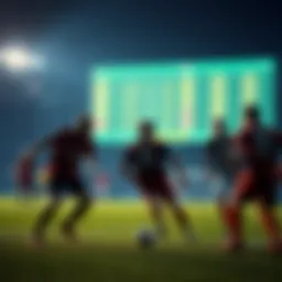 A tense football match scene showing players on the field with betting odds displayed on a digital board in the background.