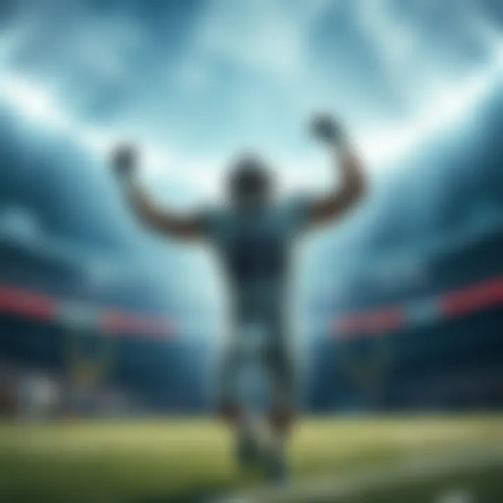 A football player in uniform celebrating a touchdown in the end zone, fists raised in excitement