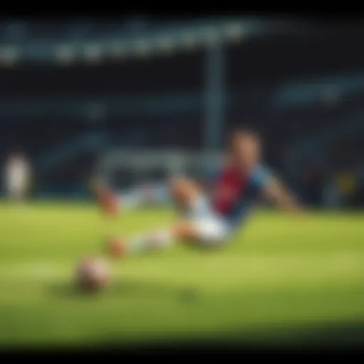 A football player humorously slips while attempting to catch the ball during a game, causing laughter from teammates and fans.