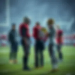 Football player substitution during PAT A football player being substituted on the field during a PAT play, with teammates and coaches reacting.