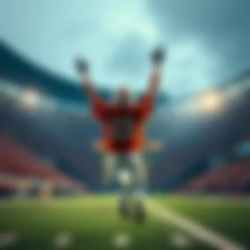 A football player in the end zone celebrating a touchdown with arms raised