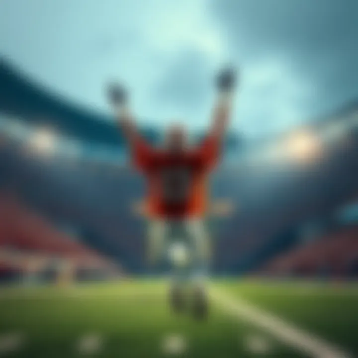 A football player in the end zone celebrating a touchdown with arms raised